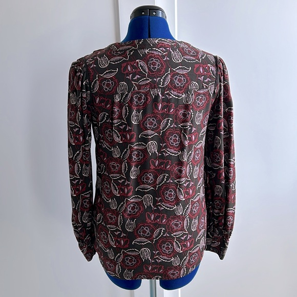 HINGE blouse, size Small, black with burgundy, lavender, and cream print - Picture 2 of 12